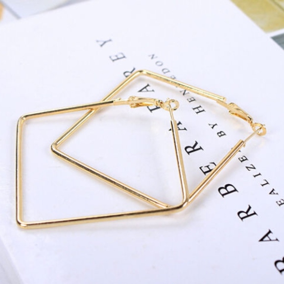 Large Square Geometric Hoop Gold Earrings - Picture 2 of 8